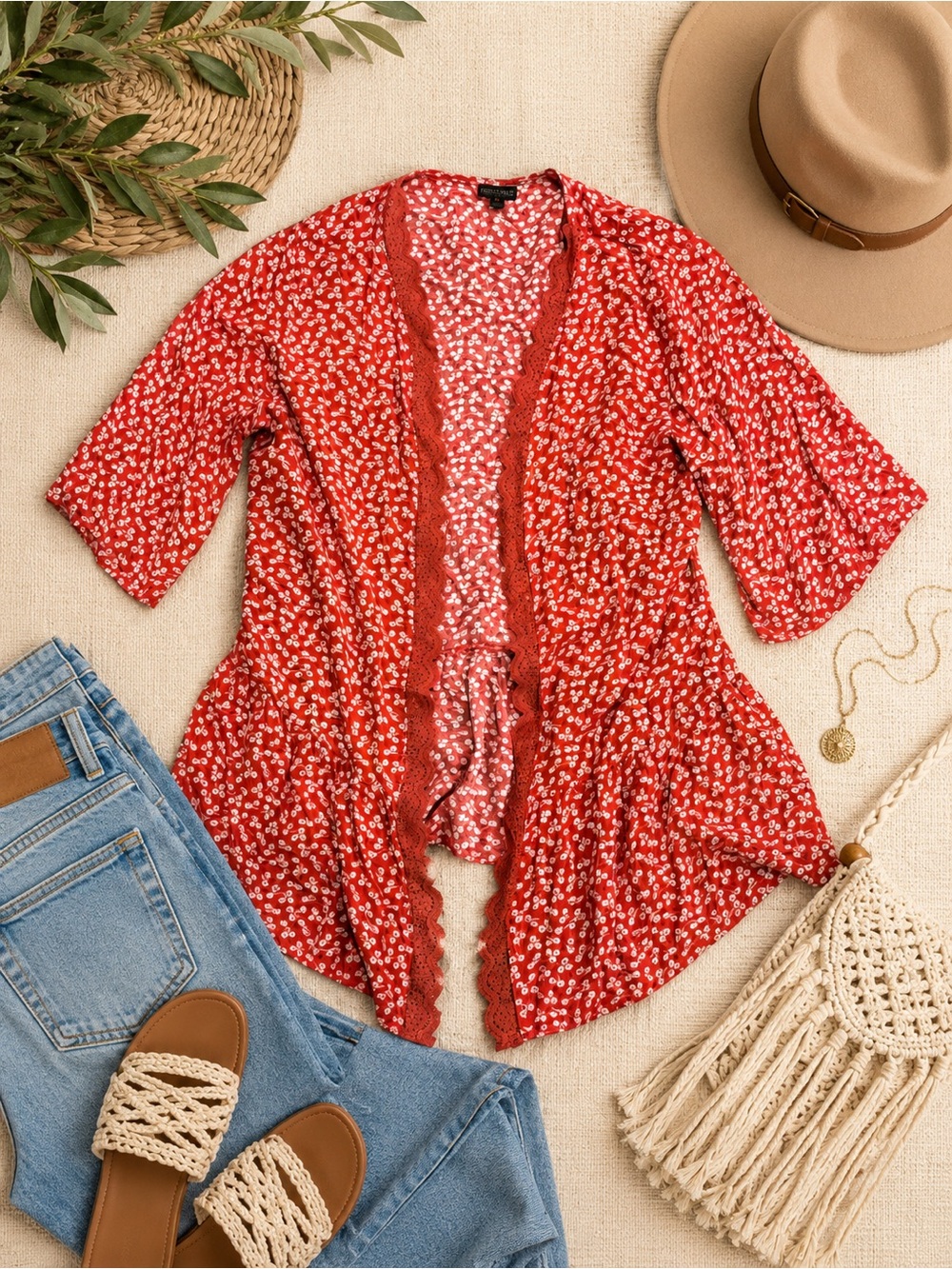 Coco + Carmen Red Floral Open-Front Tunic with Lace Trim